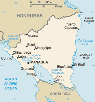 Nicaragua: CIA World Factbook map from 2021; original boundary notes preserved.