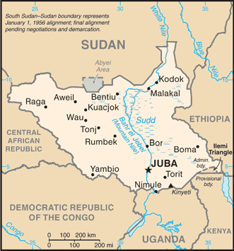 South Sudan: CIA World Factbook map from 2021; original boundary notes preserved.