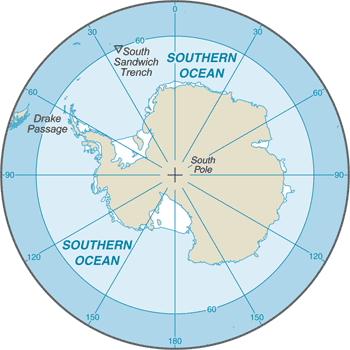 Southern Ocean: CIA World Factbook map from 2021; original boundary notes preserved.