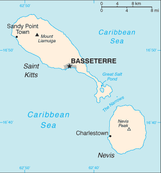 St. Kitts and Nevis: CIA World Factbook map from 2021; original boundary notes preserved.