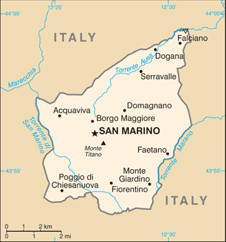 San Marino: CIA World Factbook map from 2021; original boundary notes preserved.