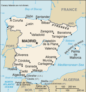 Spain: CIA World Factbook map from 2021; original boundary notes preserved.