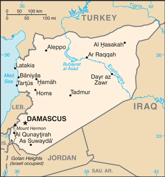 Syrian Arab Republic: CIA World Factbook map from 2021; original boundary notes preserved.
