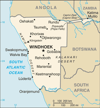 Namibia: CIA World Factbook map from 2021; original boundary notes preserved.