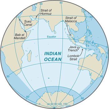 Indian Ocean: CIA World Factbook map from 2021; original boundary notes preserved.