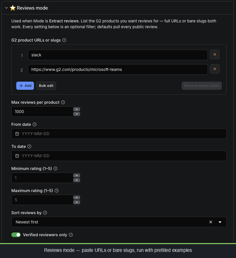 G2 reviews scraper input form on Apify Console showing Reviews mode with Slack and Microsoft Teams URLs prefilled for 1-click trial