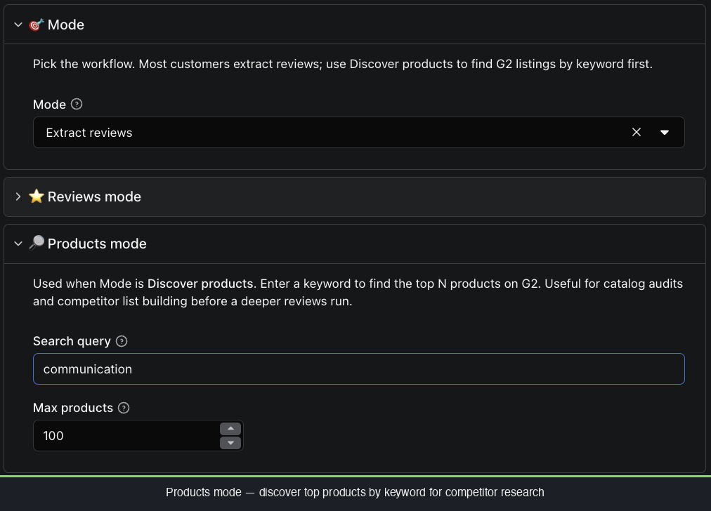 G2 reviews scraper Products mode input form on Apify Console with search query prefilled to communication and max products set to 100