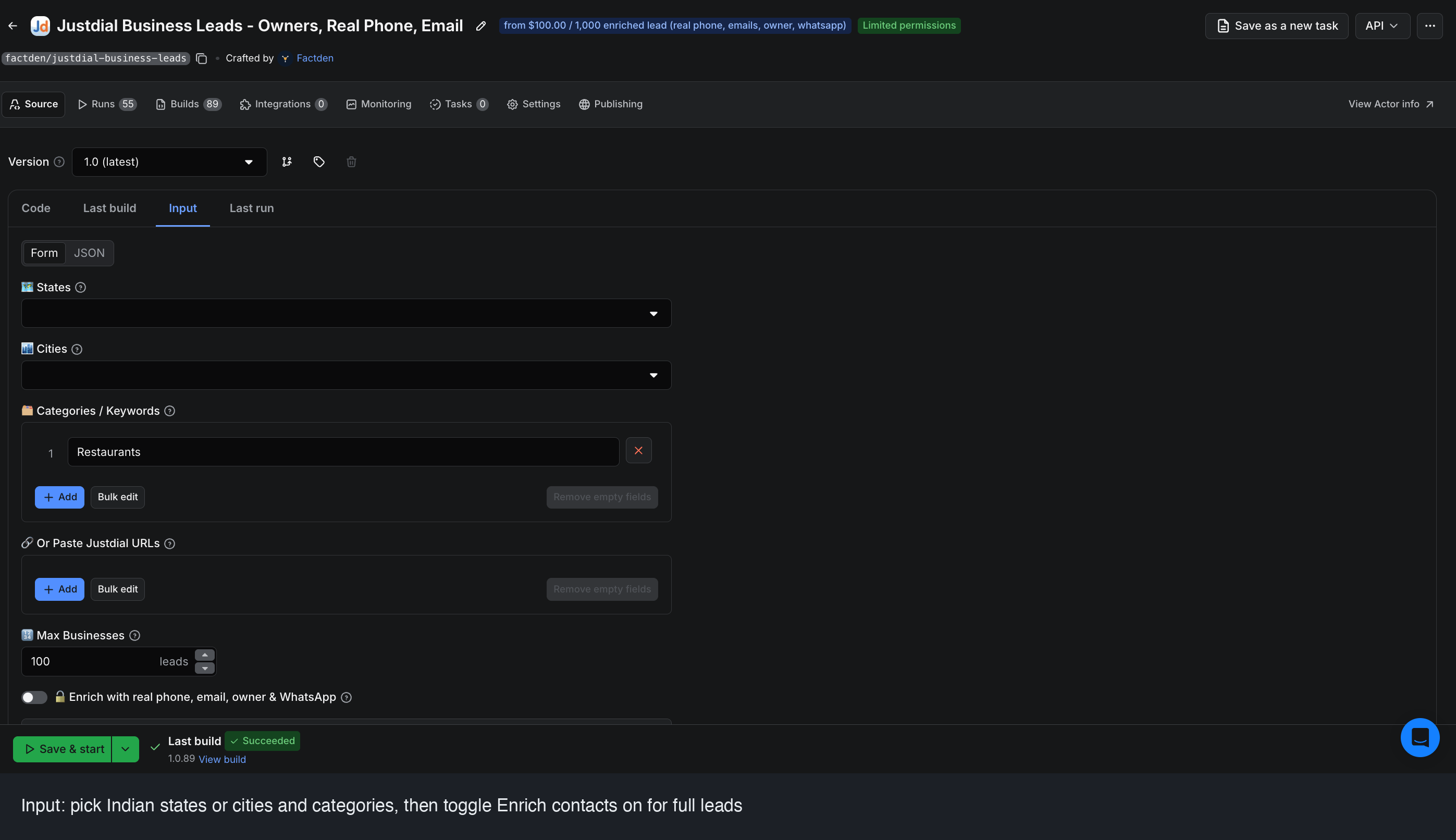 Justdial Business Leads Scraper input form: pick Indian states or cities and business categories, then the Enrich contacts toggle