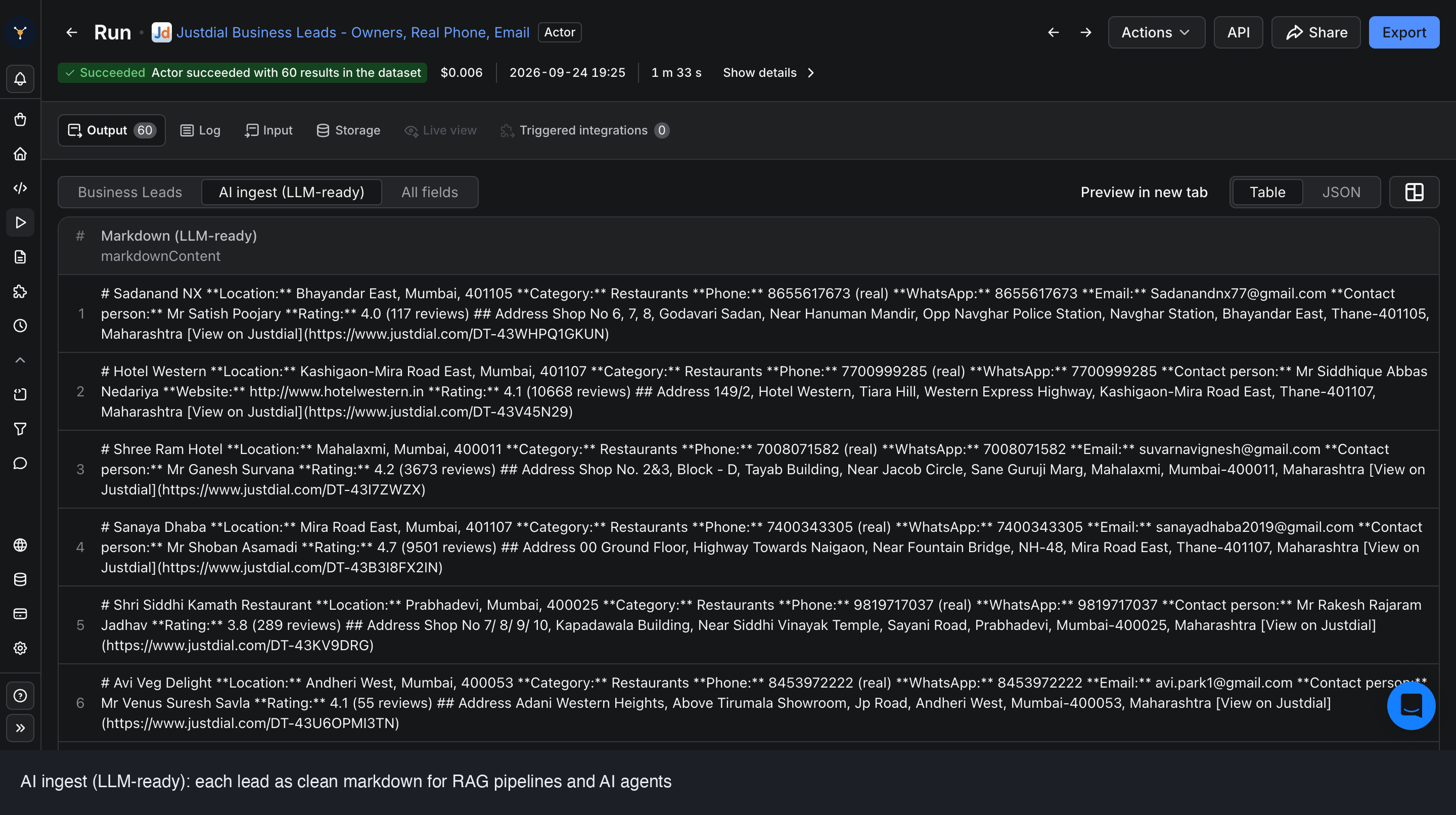 AI-ingest (LLM-ready) view: each Justdial lead rendered as clean markdown with phone, email, owner and GST for RAG and AI agents