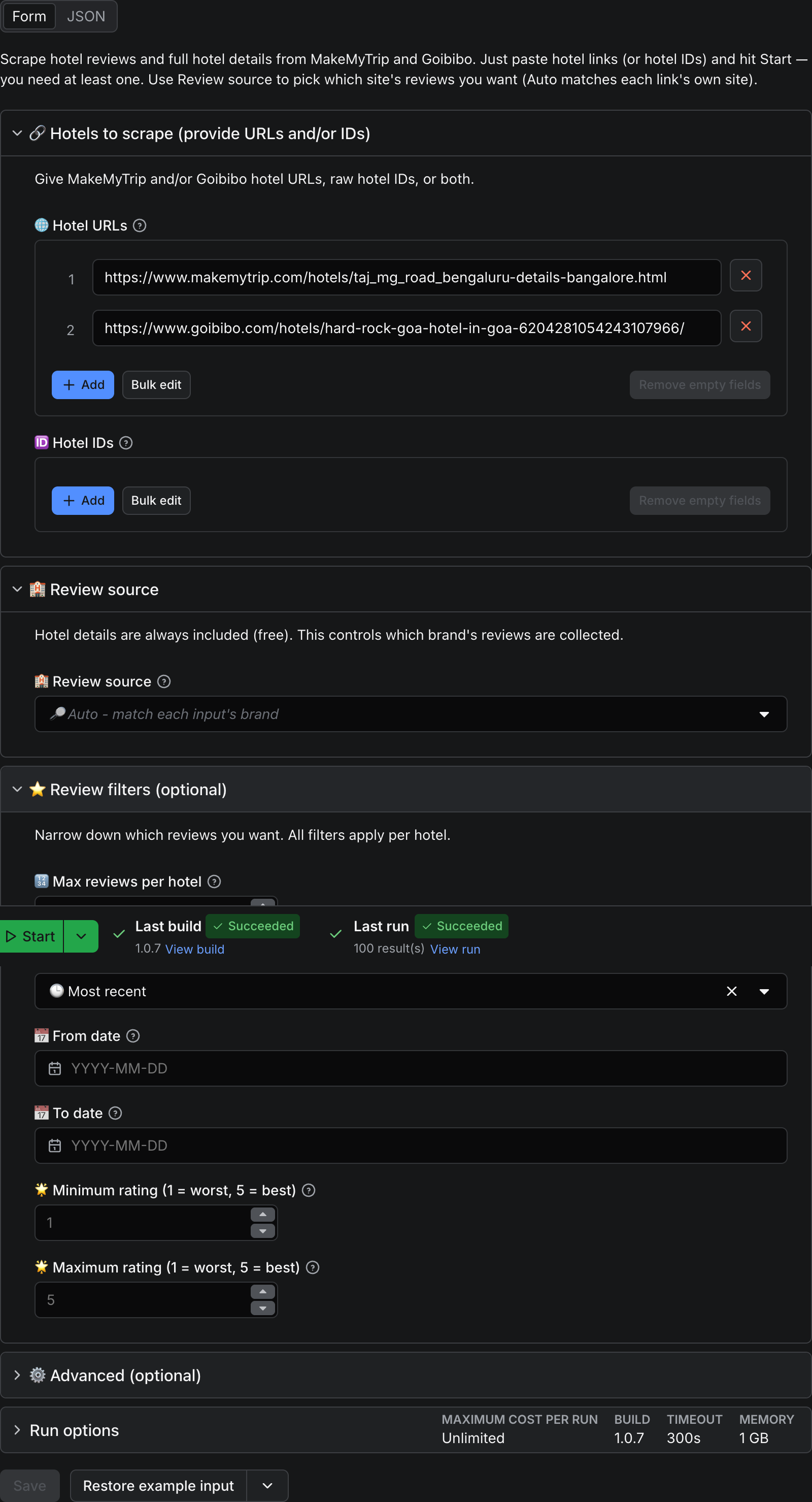 MakeMyTrip and Goibibo Hotels and Reviews Scraper input form on Apify Store with emoji-rich field titles, prefilled MakeMyTrip and Goibibo demo URLs, a review-source selector, and review filters for date range and rating
