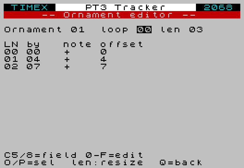 TS Tracker ornament editor: a major-chord arpeggio