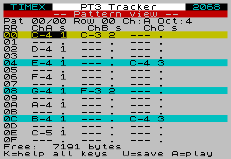 TS Tracker pattern editor: a three-voice tune with beat-line colouring