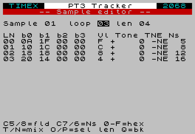 TS Tracker sample editor: a volume envelope and a noise-pitch sweep