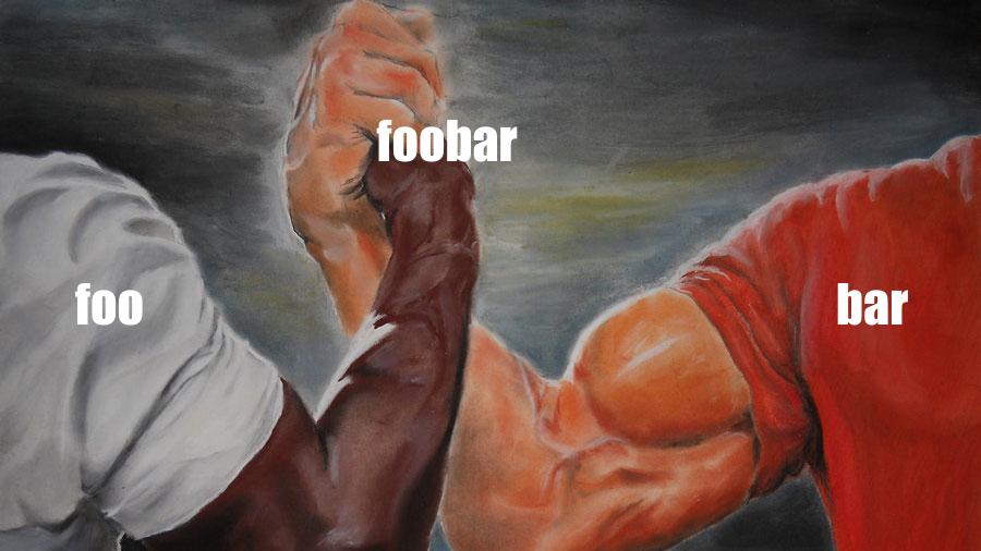 Two hands, left hand "foo" and right hand "bar" handshaking in "foobar" 