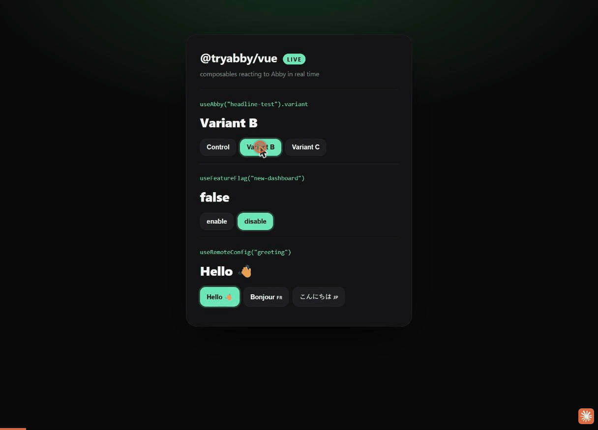 @tryabby/vue composables reacting live