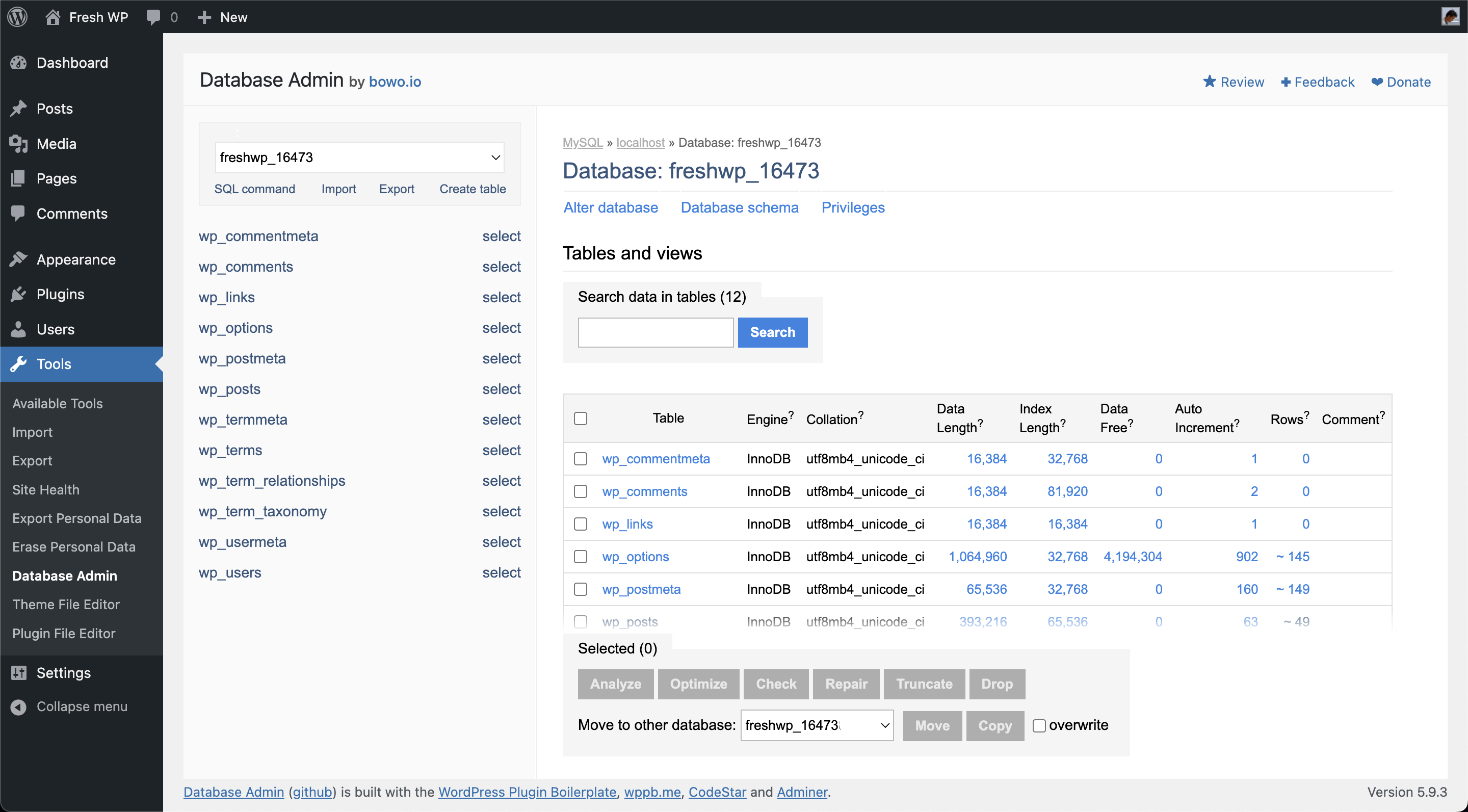 The main Database Admin page