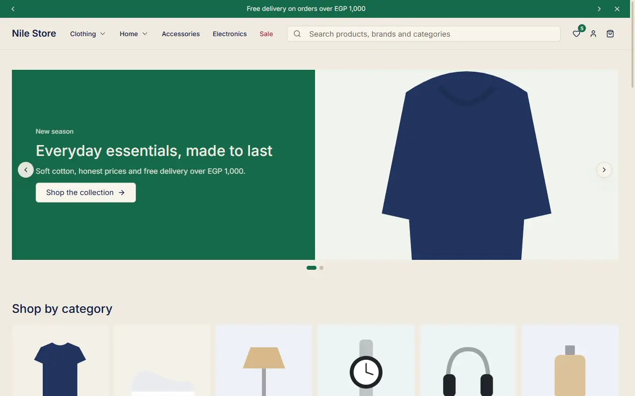 A whole storefront built from Nasaq components (Pages / Store / Journey)