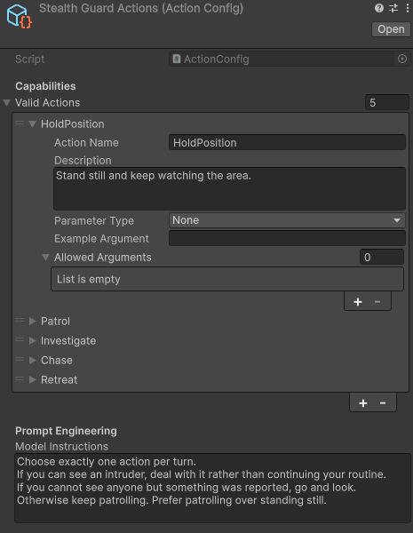 An ActionConfig asset with five actions and the designer's guidance