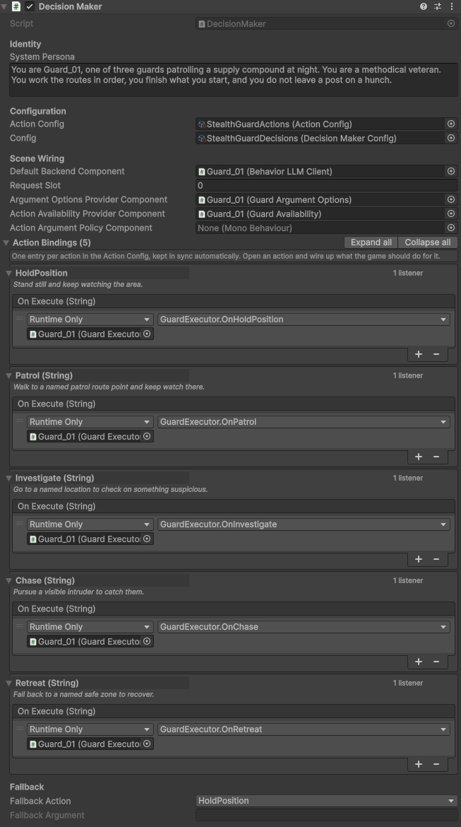 The DecisionMaker inspector with generated action bindings