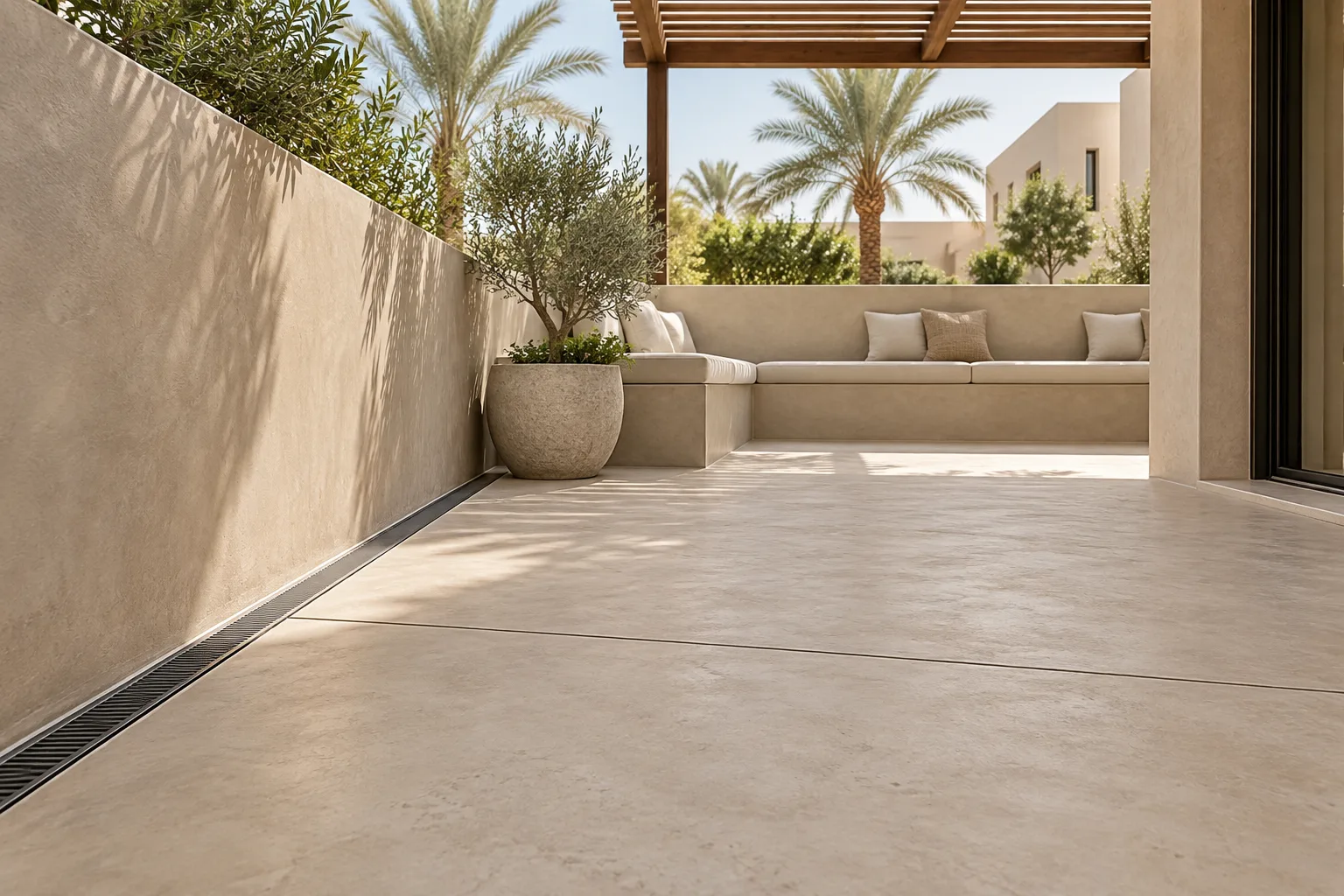Illustration of an outdoor microcement courtyard with drainage and a joint
