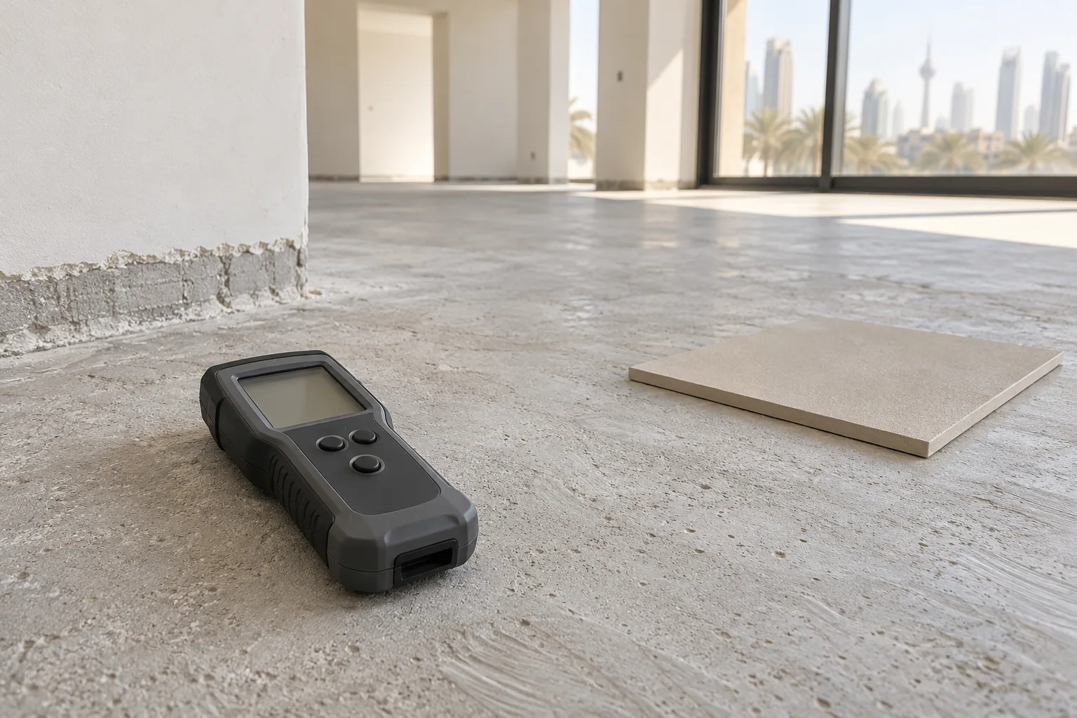 Illustration of a moisture meter on an unfinished floor