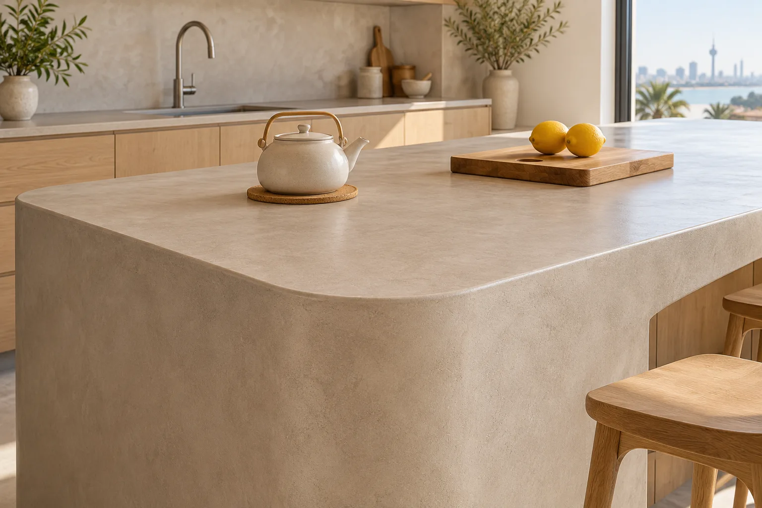 Illustration of a microcement counter with a trivet and chopping board