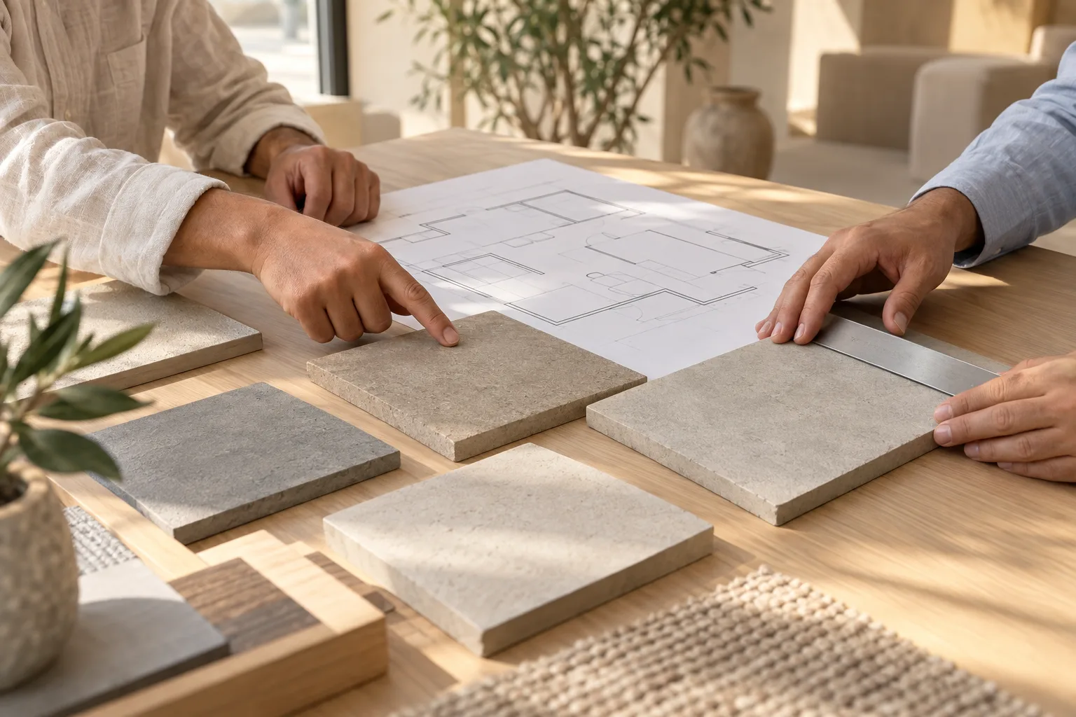 Illustration of reviewing microcement samples and a project plan