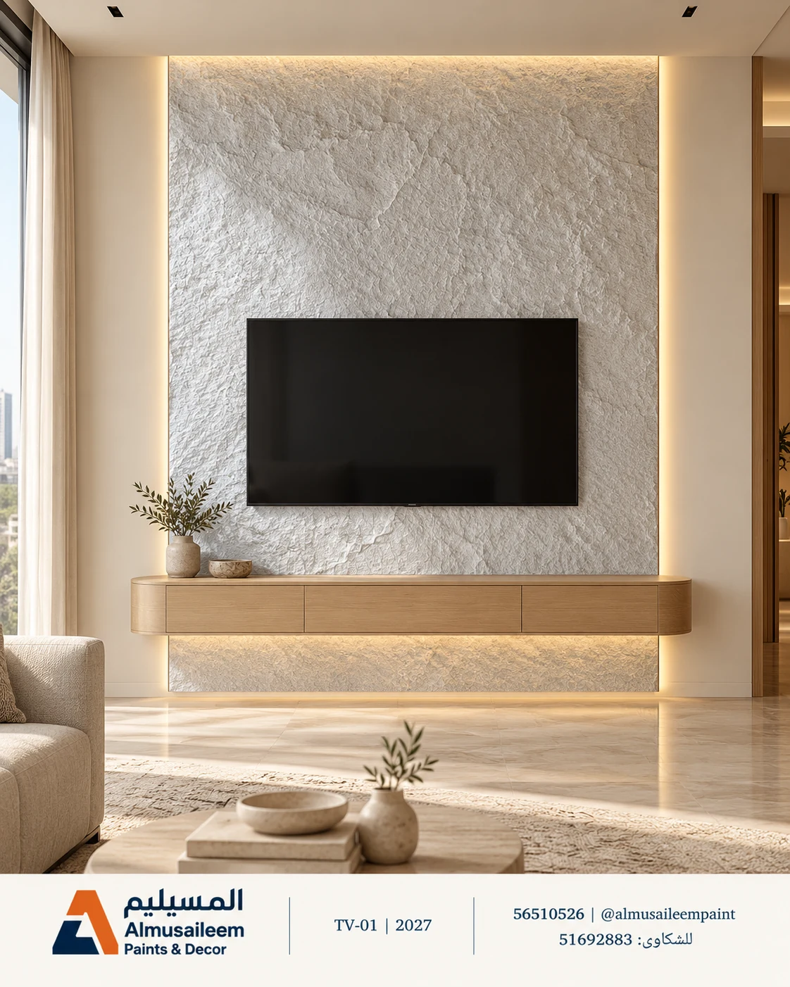 تصور ديكور شاشة TV-01 في الكويت ببديل الحجر أبيض كود 300-1 مع شعار المسيليم، لجدار مقترح ٢٫٤ × ٣ م