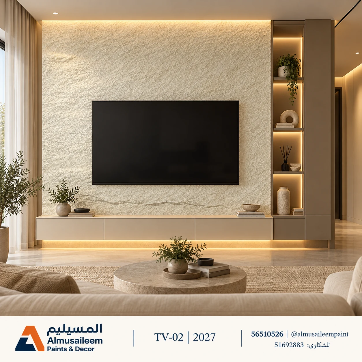 تصور ديكور شاشة TV-02 في الكويت ببديل الحجر كريمي كود 300-2 مع شعار المسيليم، لجدار مقترح ٢٫٨ × ٣ م