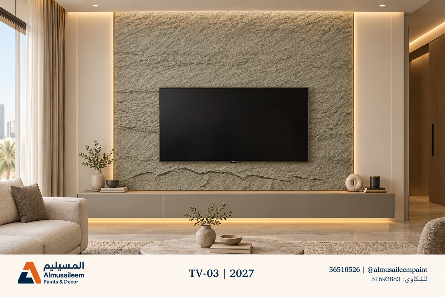 تصور ديكور شاشة TV-03 في الكويت ببديل الحجر رمادي كود 300-3 مع شعار المسيليم، لجدار مقترح ٣ × ٣ م