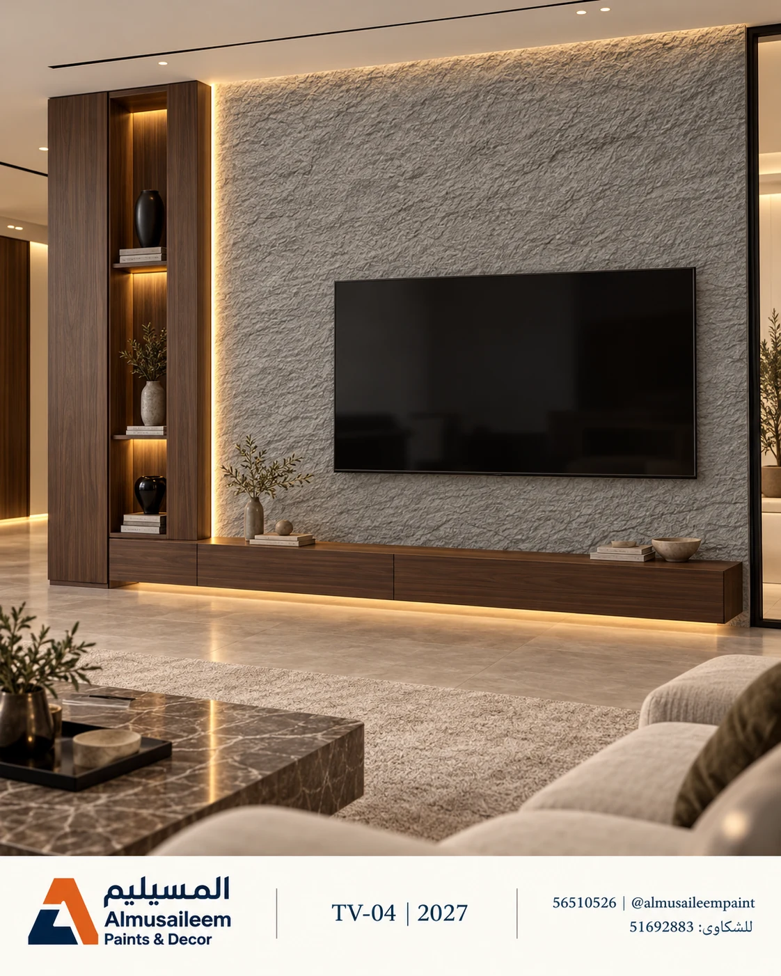 تصور ديكور شاشة TV-04 في الكويت ببديل الحجر رمادي إسمنتي كود 300-3A مع شعار المسيليم، لجدار مقترح ٣٫٢ × ٣ م