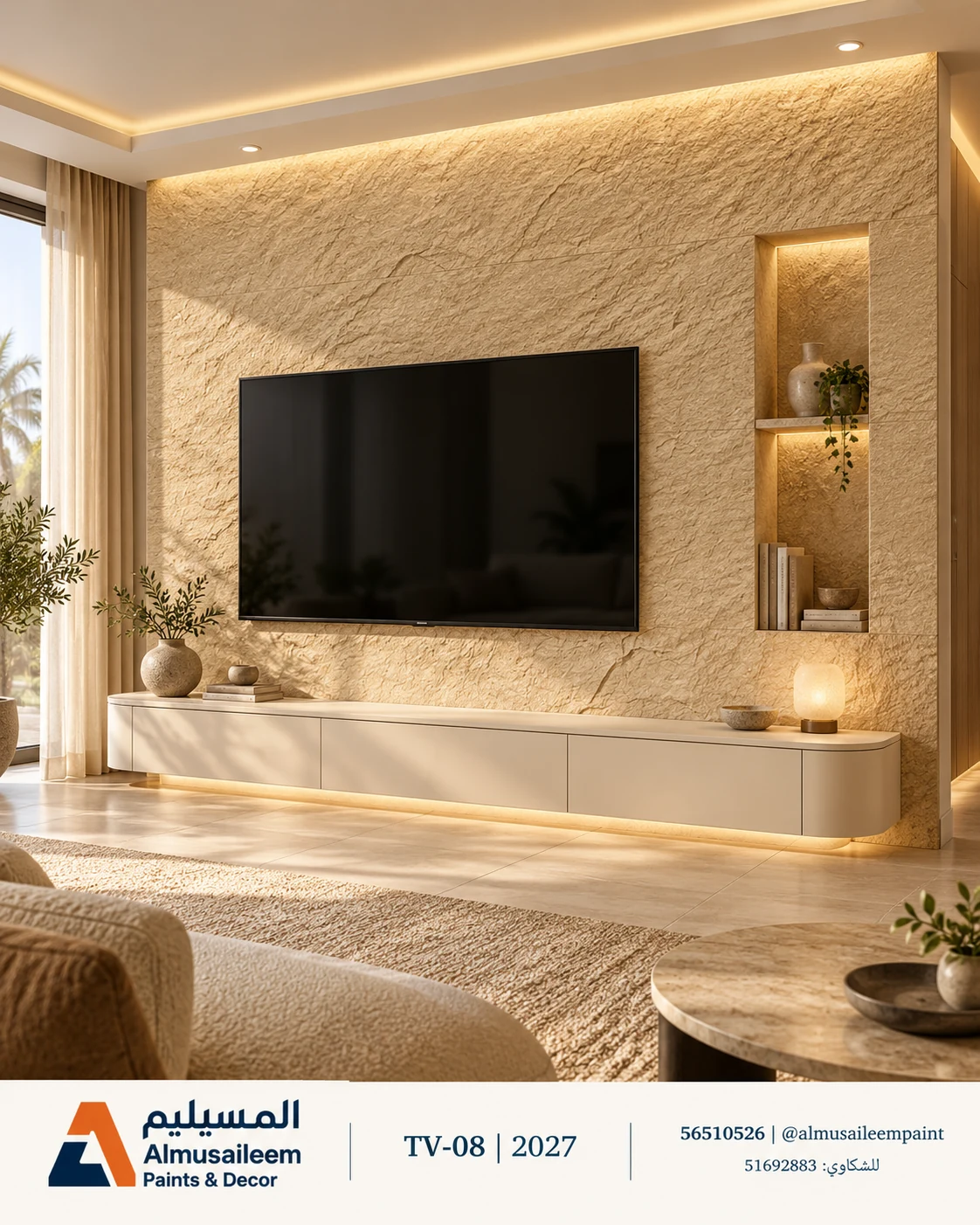تصور ديكور شاشة TV-08 في الكويت ببديل الحجر أصفر كود 300-7 مع شعار المسيليم، لجدار مقترح ٣٫٦ × ٣ م