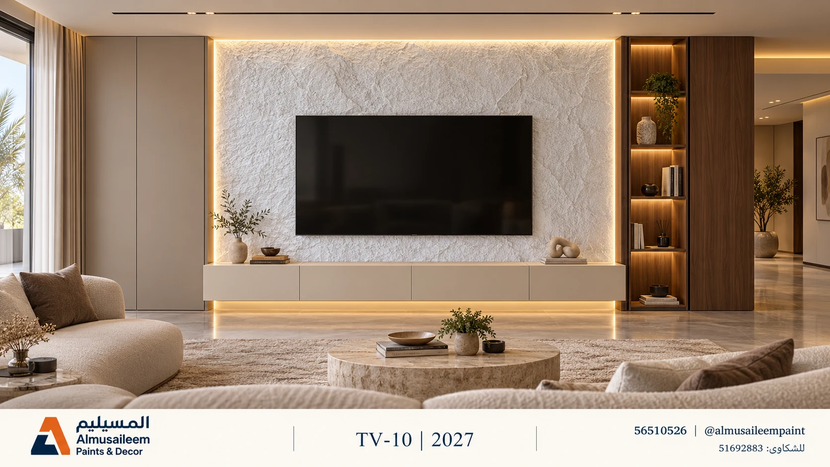 تصور ديكور شاشة TV-10 في الكويت ببديل الحجر أبيض كود 300-1 مع شعار المسيليم، لجدار مقترح ٦ × ٣ م