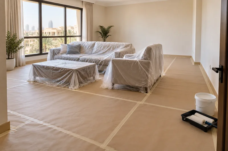 أثاث مغطى وأرضية محمية مع ترك ممر واضح قبل دهان غرفة المعيشة