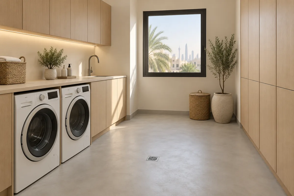 Illustrative laundry room with a light grey microcement floor and washing machine and dryer beneath a worktop