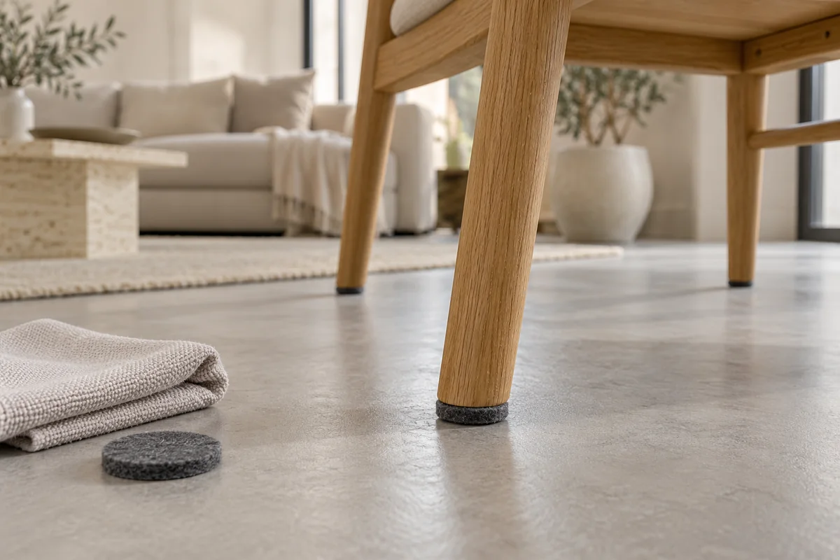 Illustrative wooden chair foot with a felt protector on a grey microcement floor