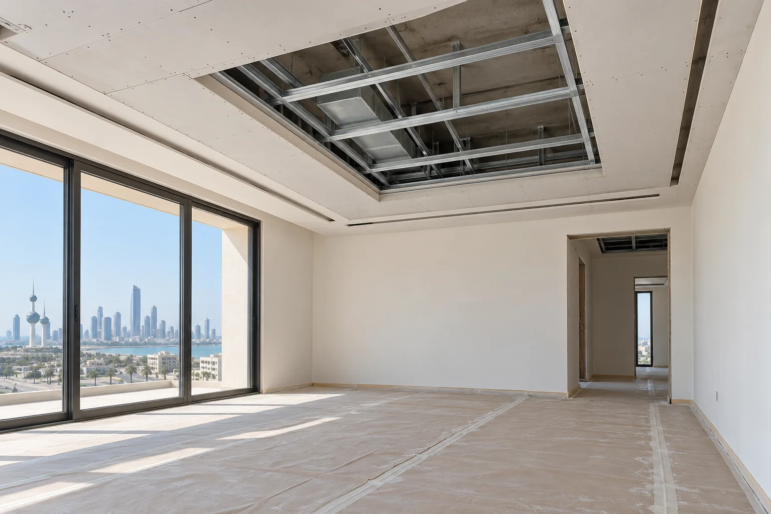 Illustrative design of a gypsum board ceiling during preparation, showing the metal frame and maintenance access opening