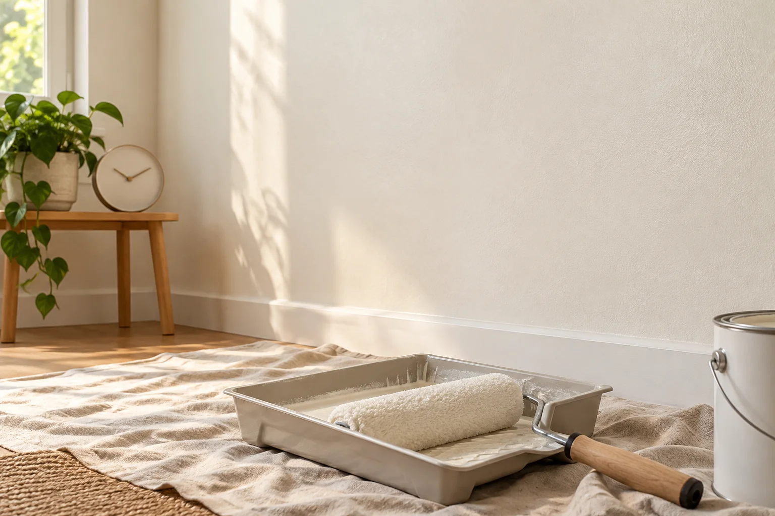 Warm white wall with paint roller and paint tray on the protection cloth, and a side clock without numbers.