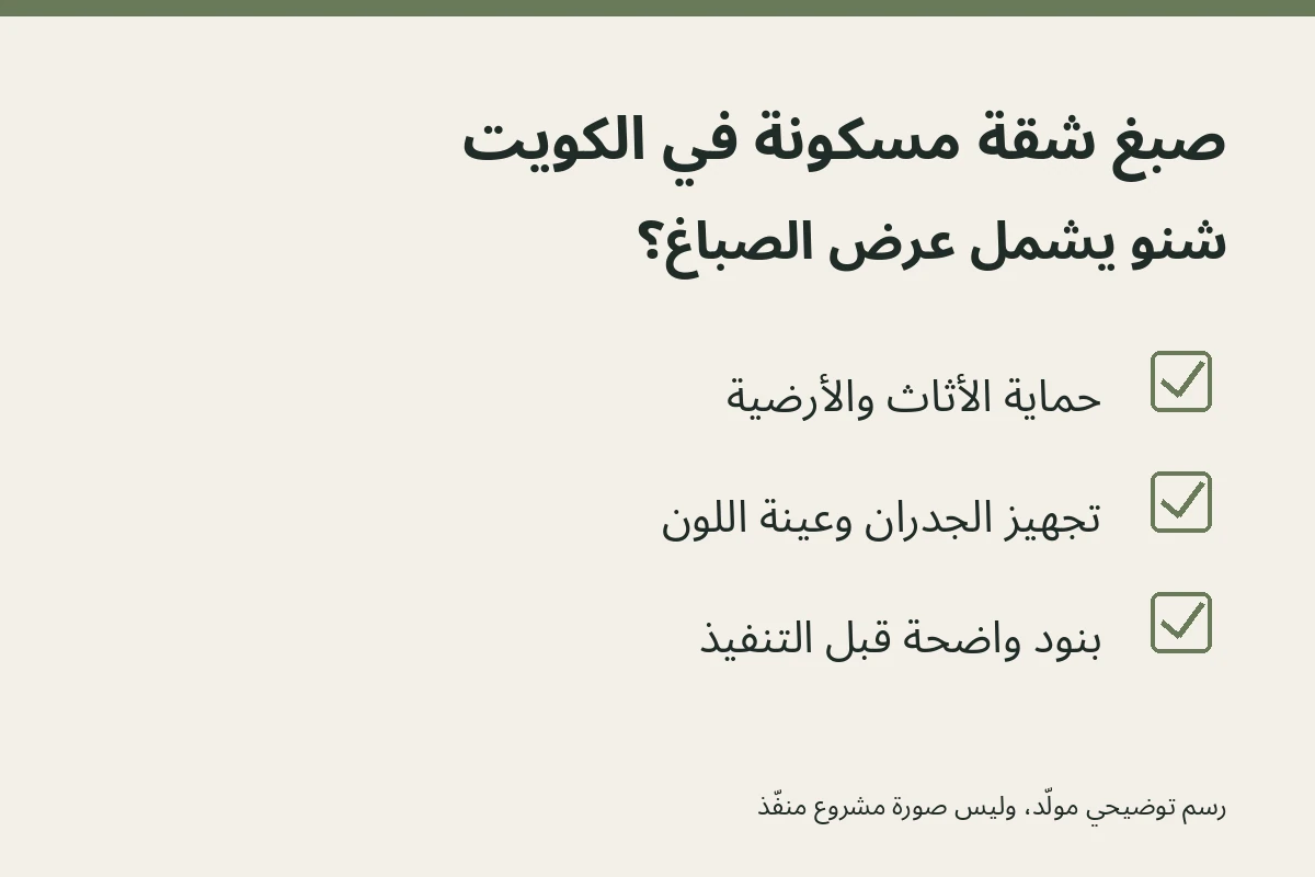 رسم توضيحي لبنود عرض صبغ شقة مسكونة في الكويت: حماية الأثاث وتجهيز الجدران واعتماد اللون قبل التنفيذ