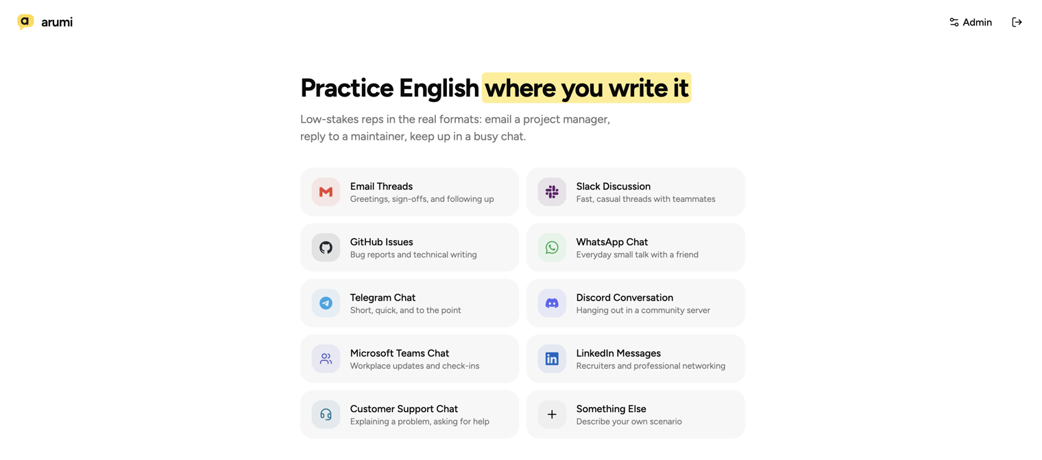 Inklish home screen: pick a format to practice in