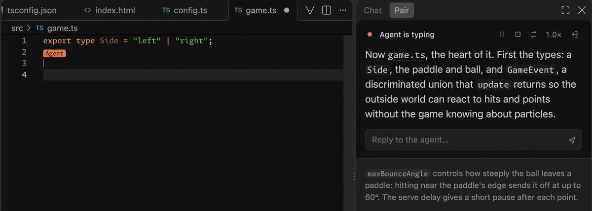 The agent writes a comment, reconsiders, deletes it, and documents the type differently