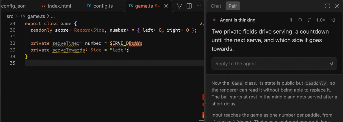 The agent explains the update method in the Pair panel, then types it in the editor