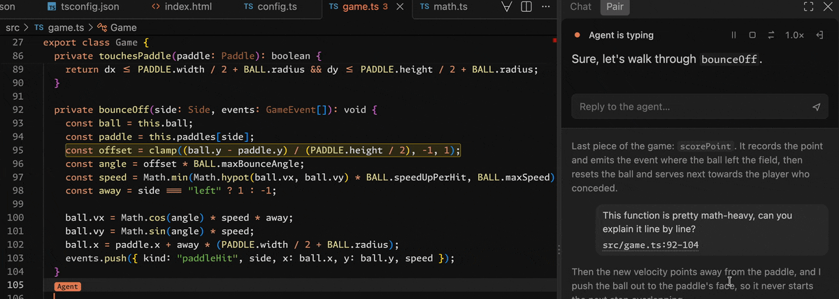 The agent walks through a function line by line, highlighting each line and explaining it in the Pair panel