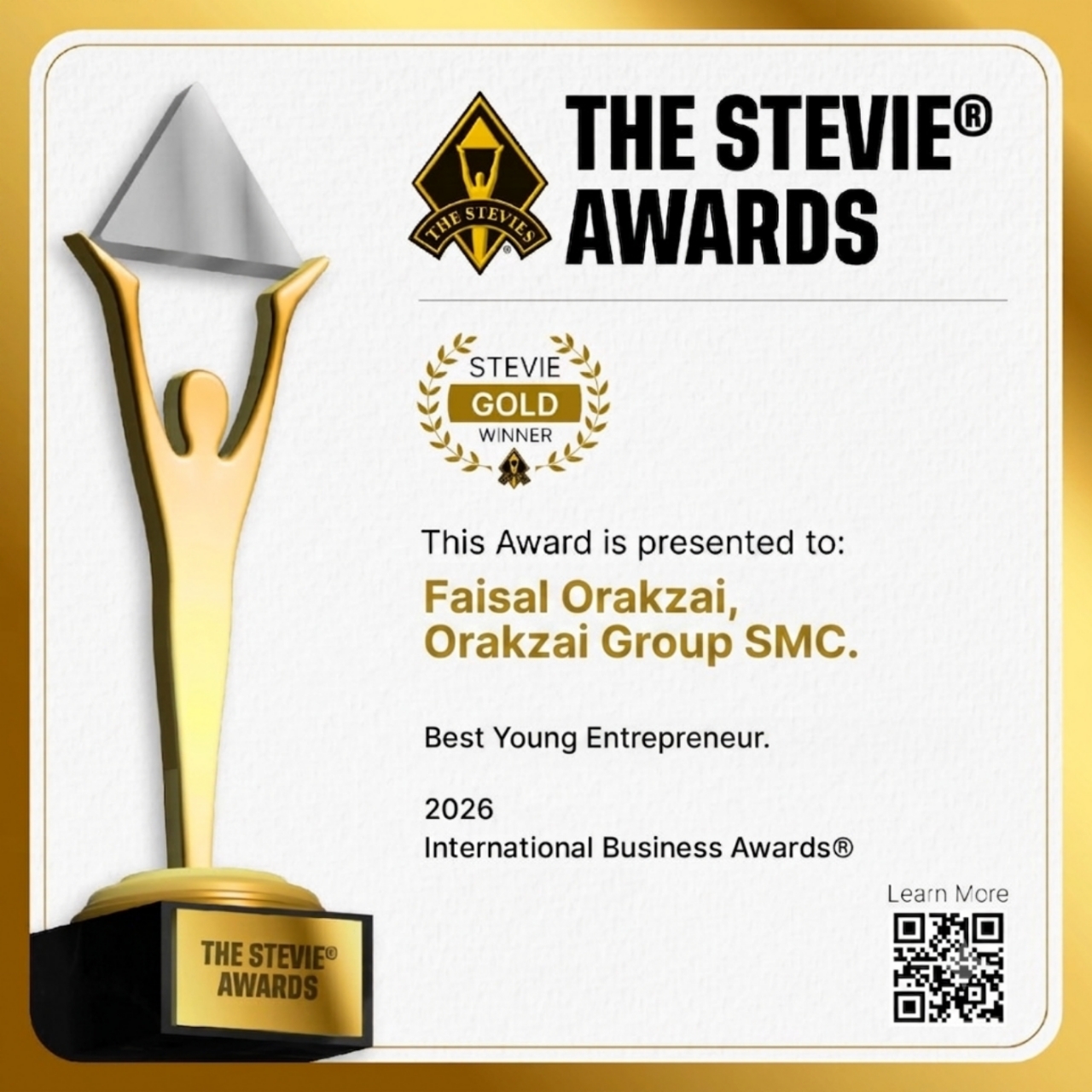 Stevie Gold Award 2026 — Best Young Entrepreneur — Faisal Orakzai, Orakzai Group SMC — International Business Awards®