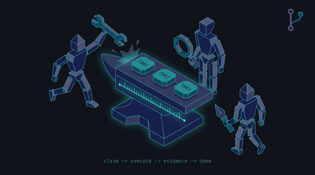 Isometric diagram: agents claim tasks from the anvil surface, execute, and submit evidence — claim → execute → evidence → done