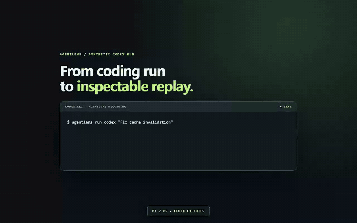 AgentLens six-second walkthrough from Codex run to share-safe export