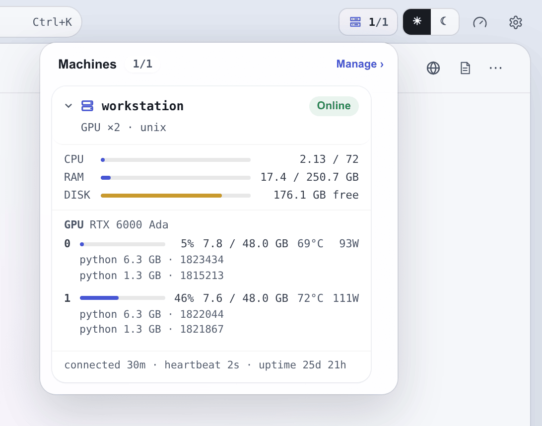 The machines menu with live CPU, memory, disk and per-GPU telemetry