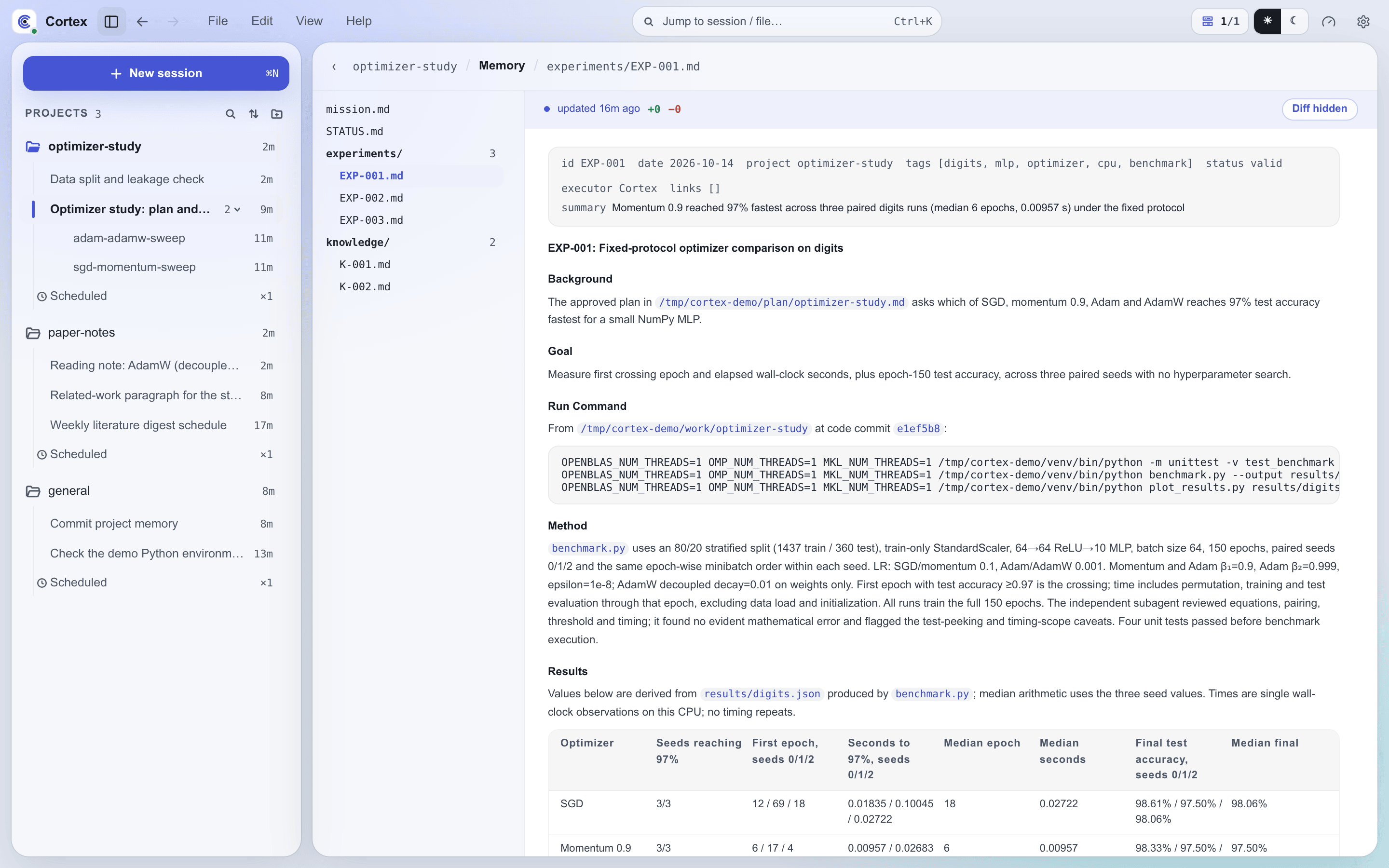 The memory viewer: a project's mission, status, experiment and knowledge files, with one experiment record open on its run command and results