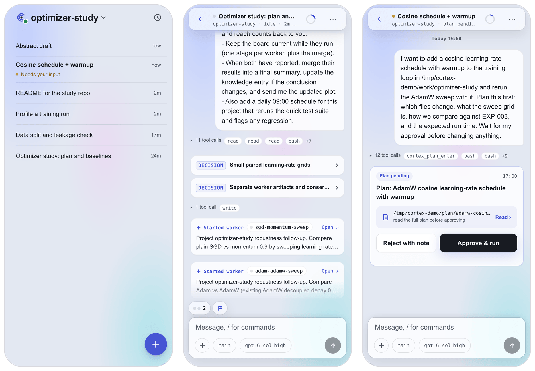 The Android app: the session list, a lead session with decisions and workers, and a plan waiting for approval