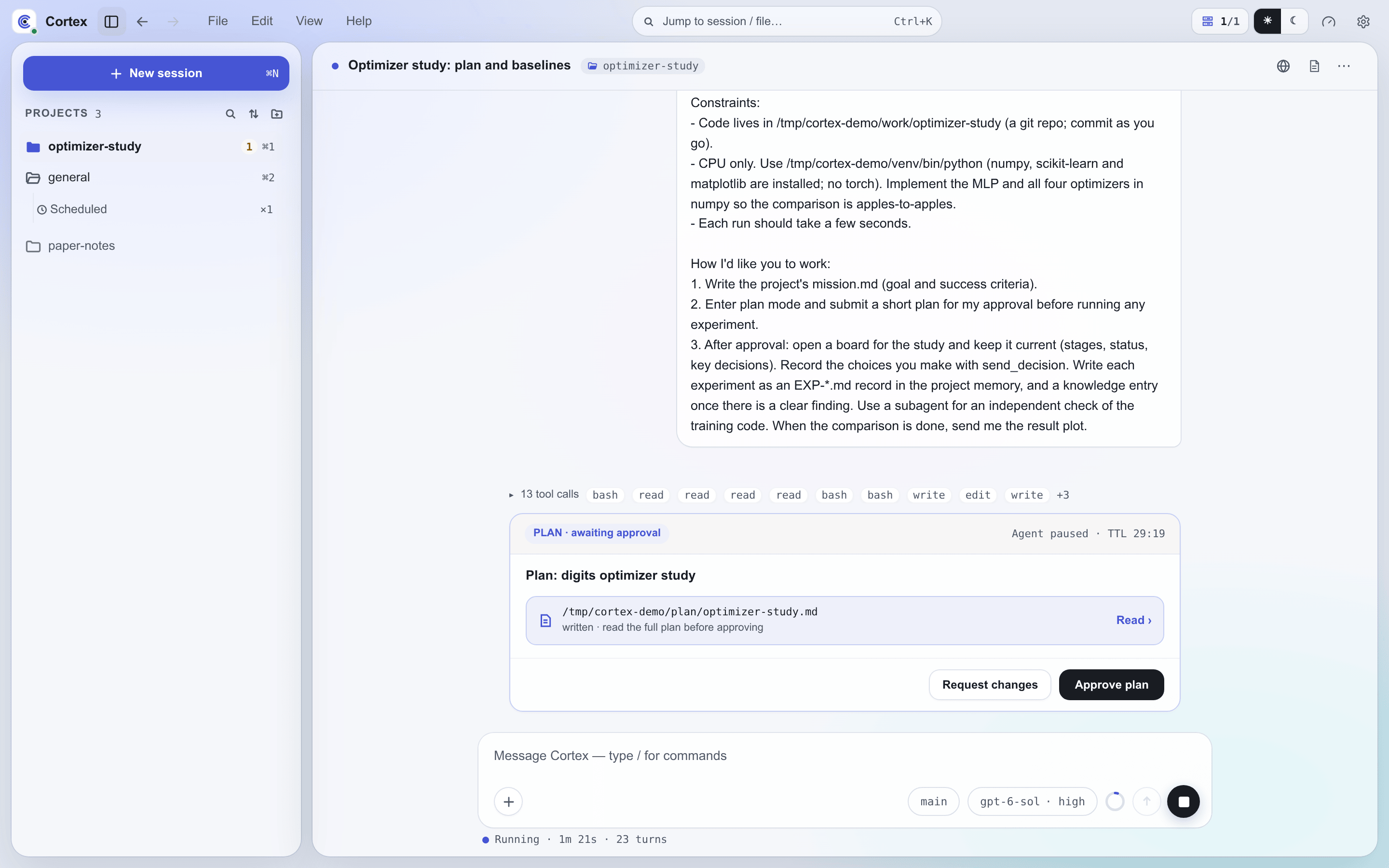 A session paused on its plan, with Request changes and Approve plan buttons